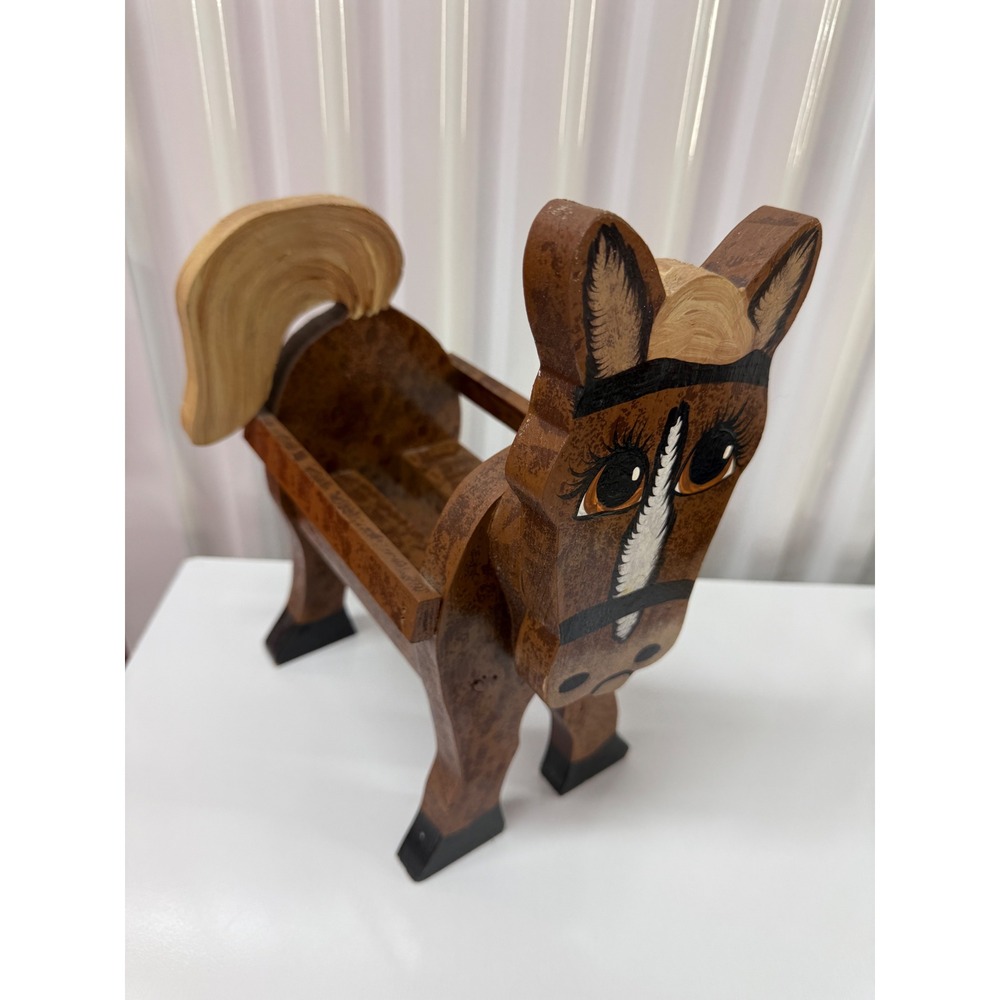 Vintage Hand Painted Wooden Horse Planter Caddy Folk Art Brown Decor